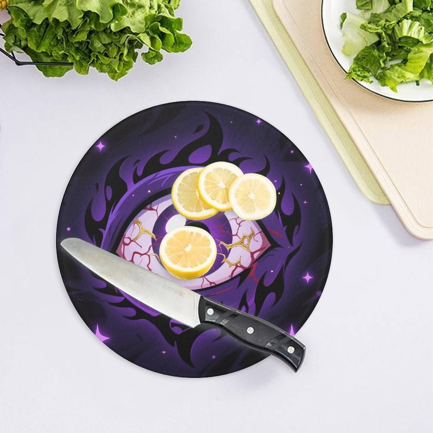 Evil Eye Tempered Glass Cutting Board Sturdy Chopping Block Personalized Large Butcher Block Lightweight Round Chopping Mat for Kitchen Non Slip