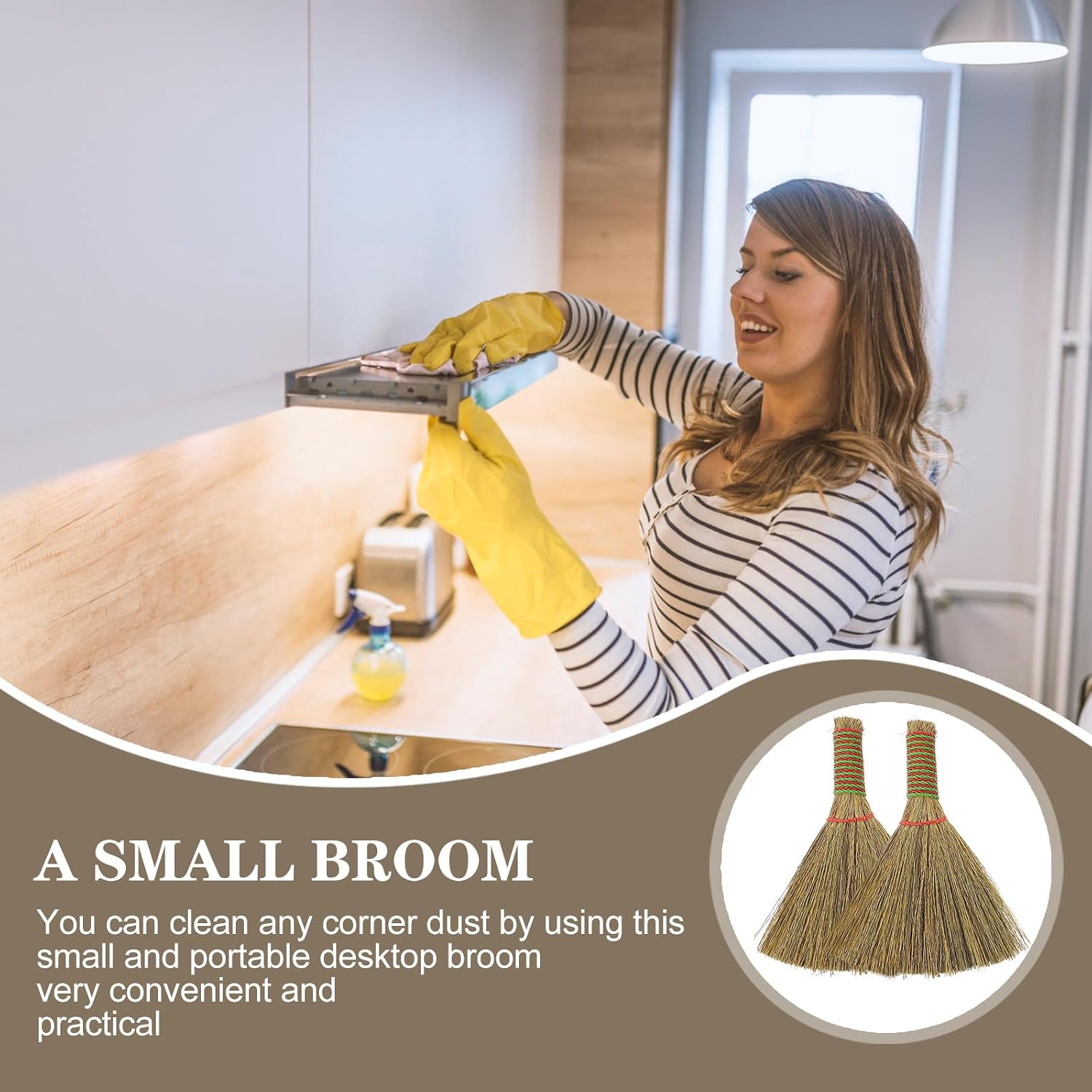 Small Hand Broom 2pcs Set, Short Handle Desktop Dust Brush, Natural Whisk Broom for Kitchen and Household Cleaning Supplies