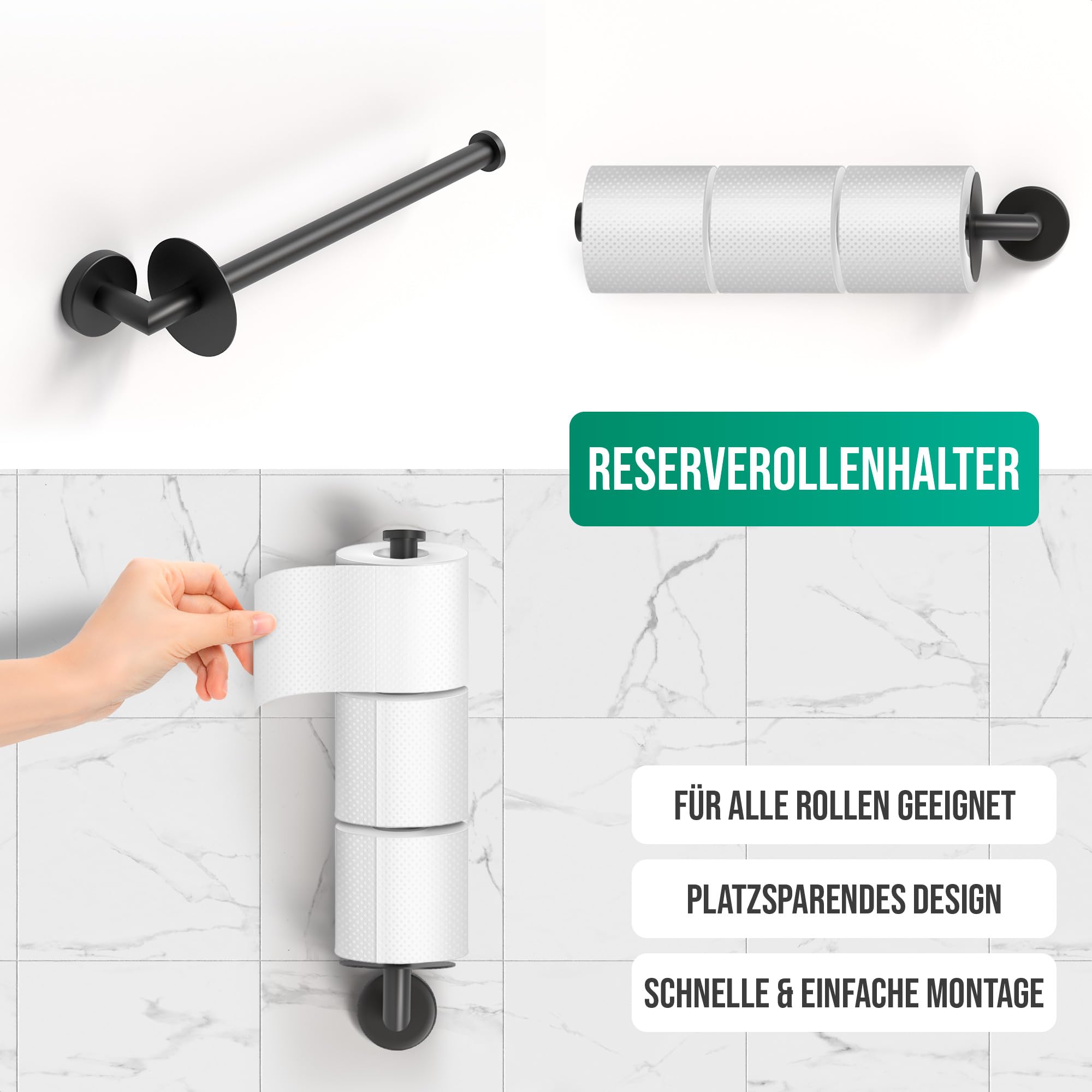 Avalo Toilettenzubehör Set Schwarz 4-teilig - Luxus-Toilettengarnitur - Toilettenbürste mit Halter/Toilettenpapierhalter/Ersatzpapierhalter/Handtuchhaken - inkl. Befestigungsmaterial