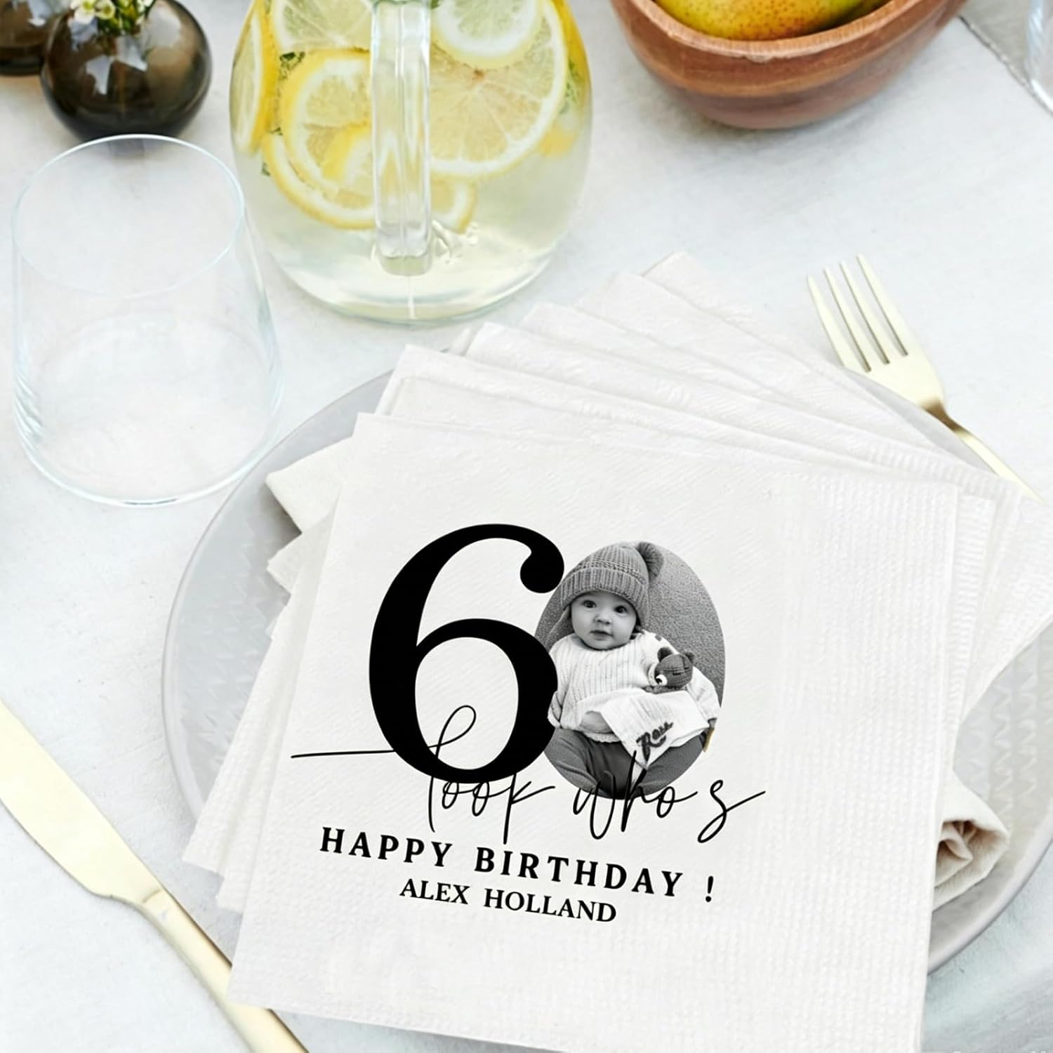 30-1000 Pcs Custom Photo Cocktail Napkins, 3 Ply Personalized Paper Napkins, Funny Birthday Anniversary Wedding Milestone Party Decor (60th)