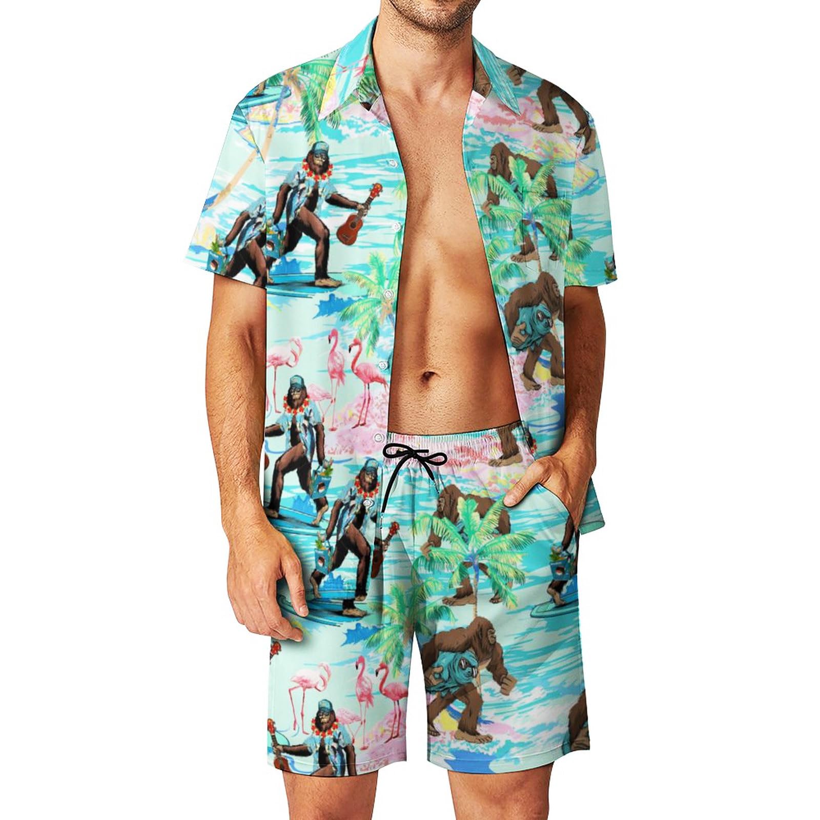 Chándal de 2 piezas para hombre, camisas hawaianas divertidas para hombre, camisa con botones, pantalones cortos, trajes rave con sombreros de pescador