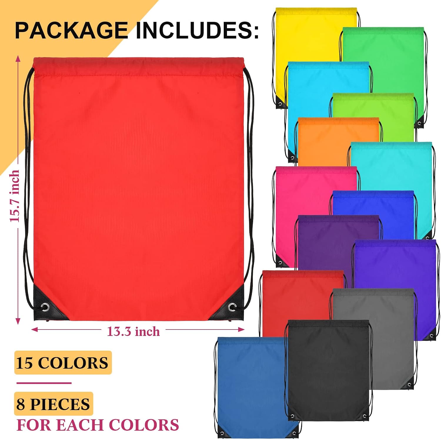 Chumia 120 Pcs Drawstring Backpacks Bulk, 15 Colors Large Capacity Draw String Bags Multicolor Sports Cinch Bag Portable Drawstring Backpack Sack for Gym Party Event DIY Gift Storage Bag