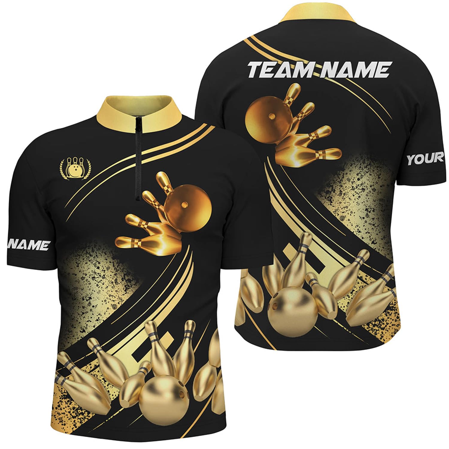 Black and Gold Mens Quarter Zip Shirts Custom Bowling Apparel Team Bowling Jerseys Bowling Gifts N7222