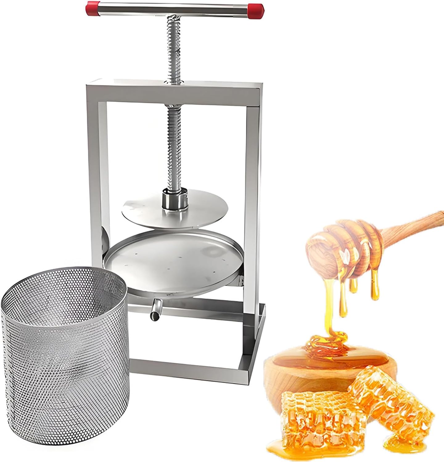 Manual Honey Press Extractors Removable Fruit Wine Press Stainless Steel Barrels T-Handle Manual Juice Maker Cider Apple Grape Tincture Vegetables Honey Olive Oil Making Press 4L