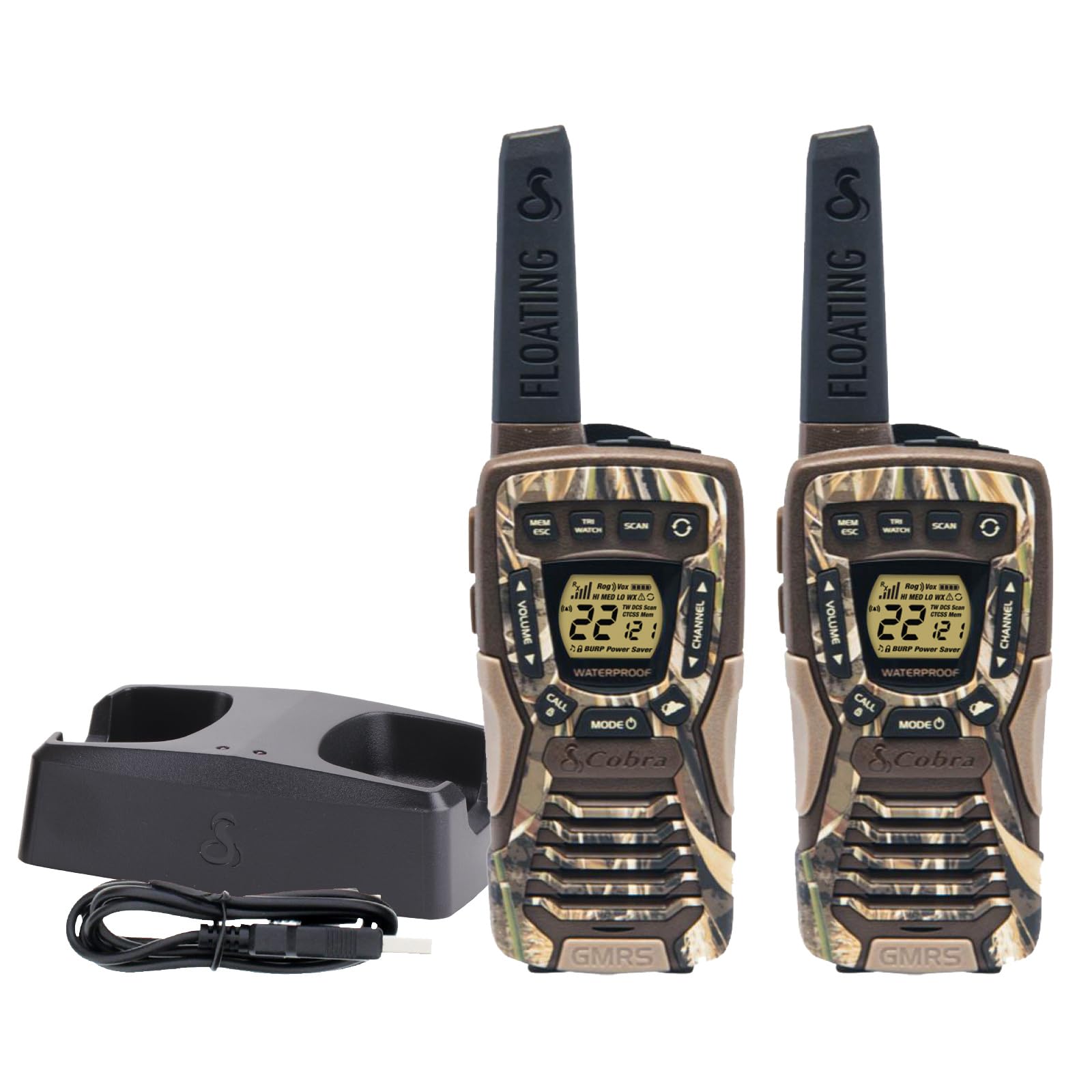 Cobra ACXT1035R FLT CAMO Waterproof Walkie Talkies - Rechargeable, Floats, 22 Channels, Long Range 37-Mile Two-Way Radio Set (2-Pack)