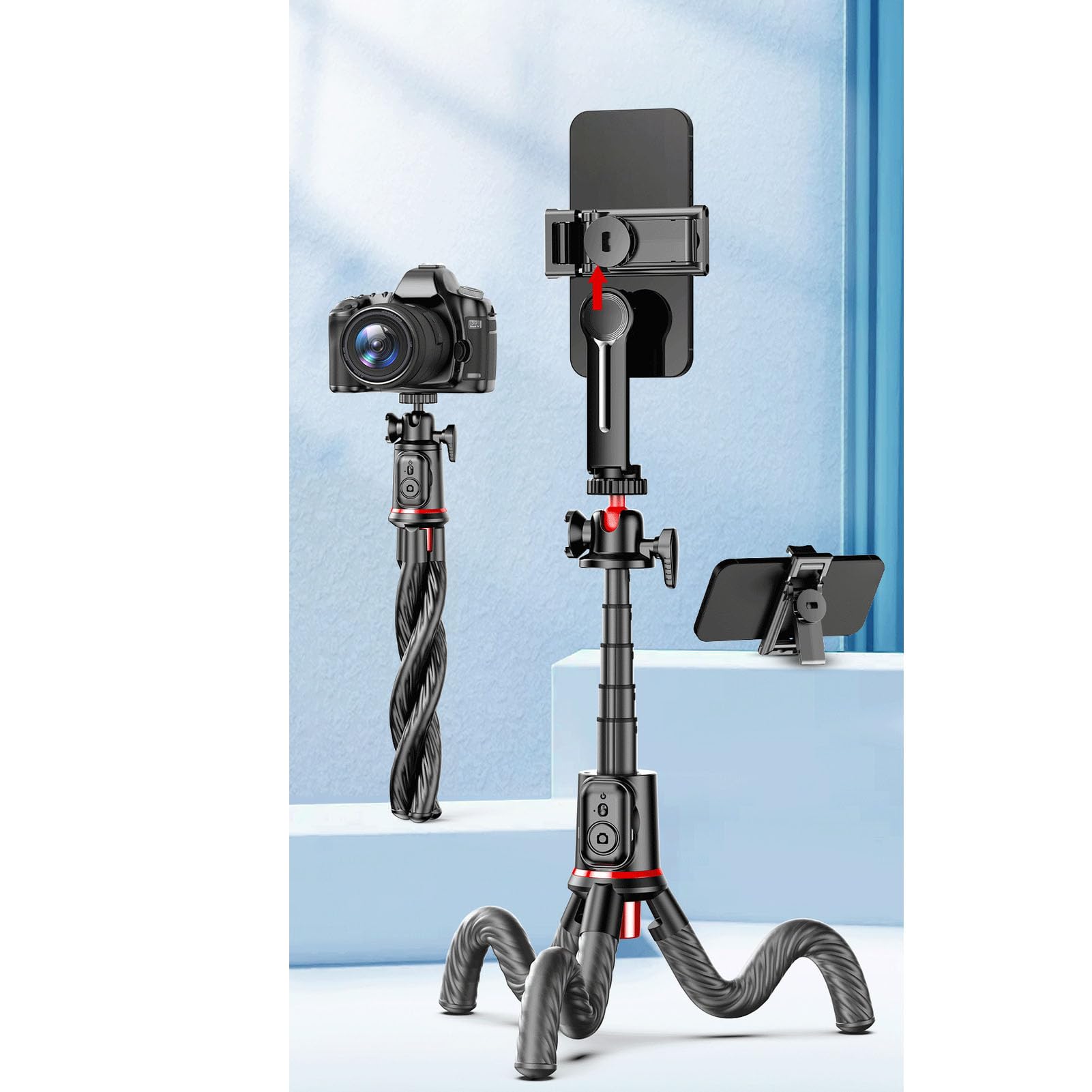 Treppiede Bluetooth Selfie Stick con Telecomando, Rotazione a