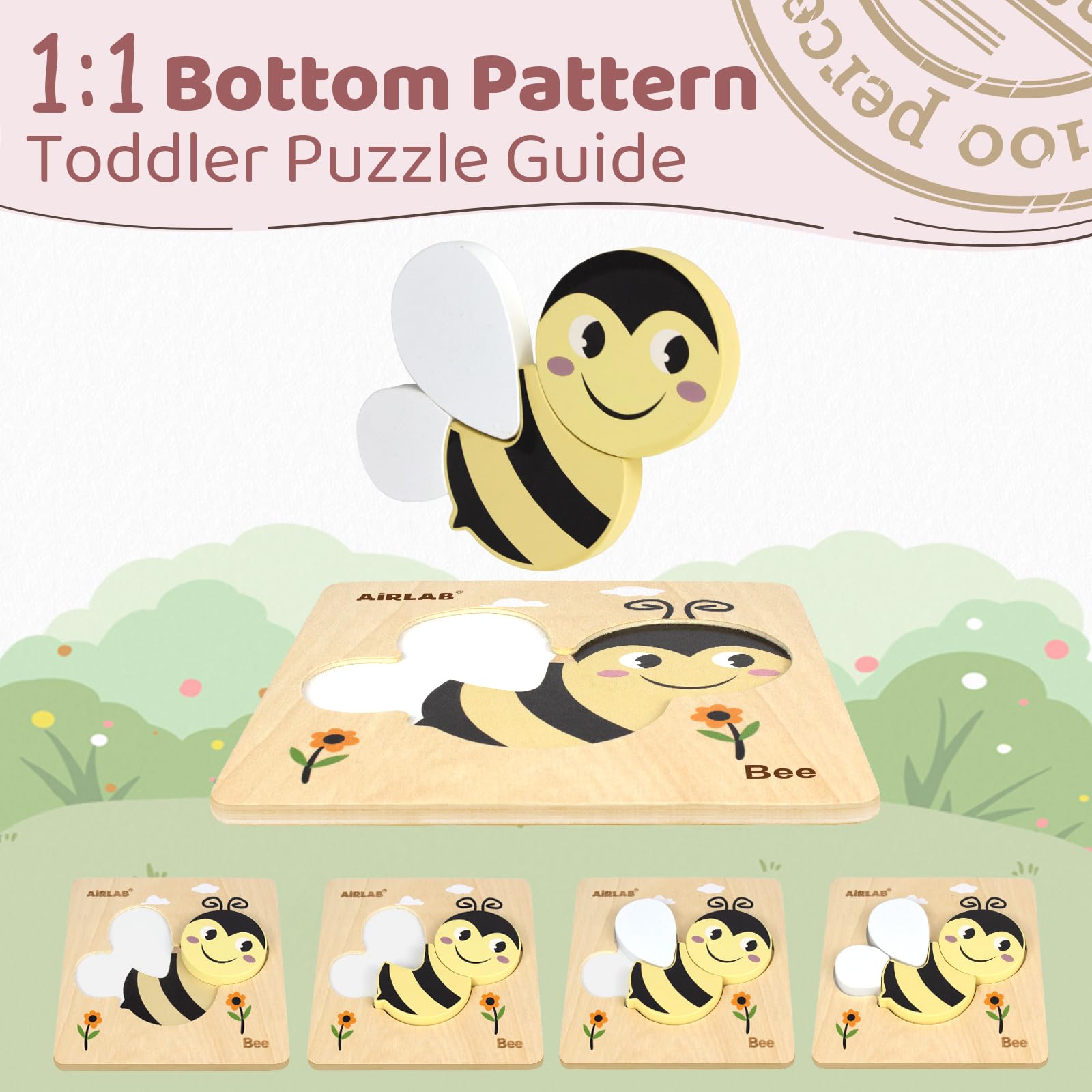Airlab Puzzles Bois Bébé 1-4 Ans, Casse-têtes Jardin 3D avec Cadre et Sac, Jouet Éducatif Montessori