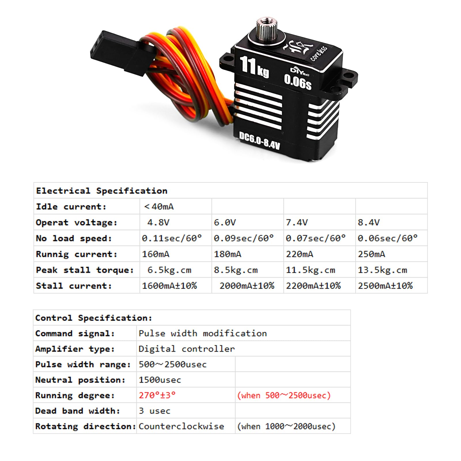 Mini servo numérique entièrement en métal à couple élevé de 11 kg, moteur sans noyau haute pression, micro servo programmable pour voiture télécommandée (270 degrés)