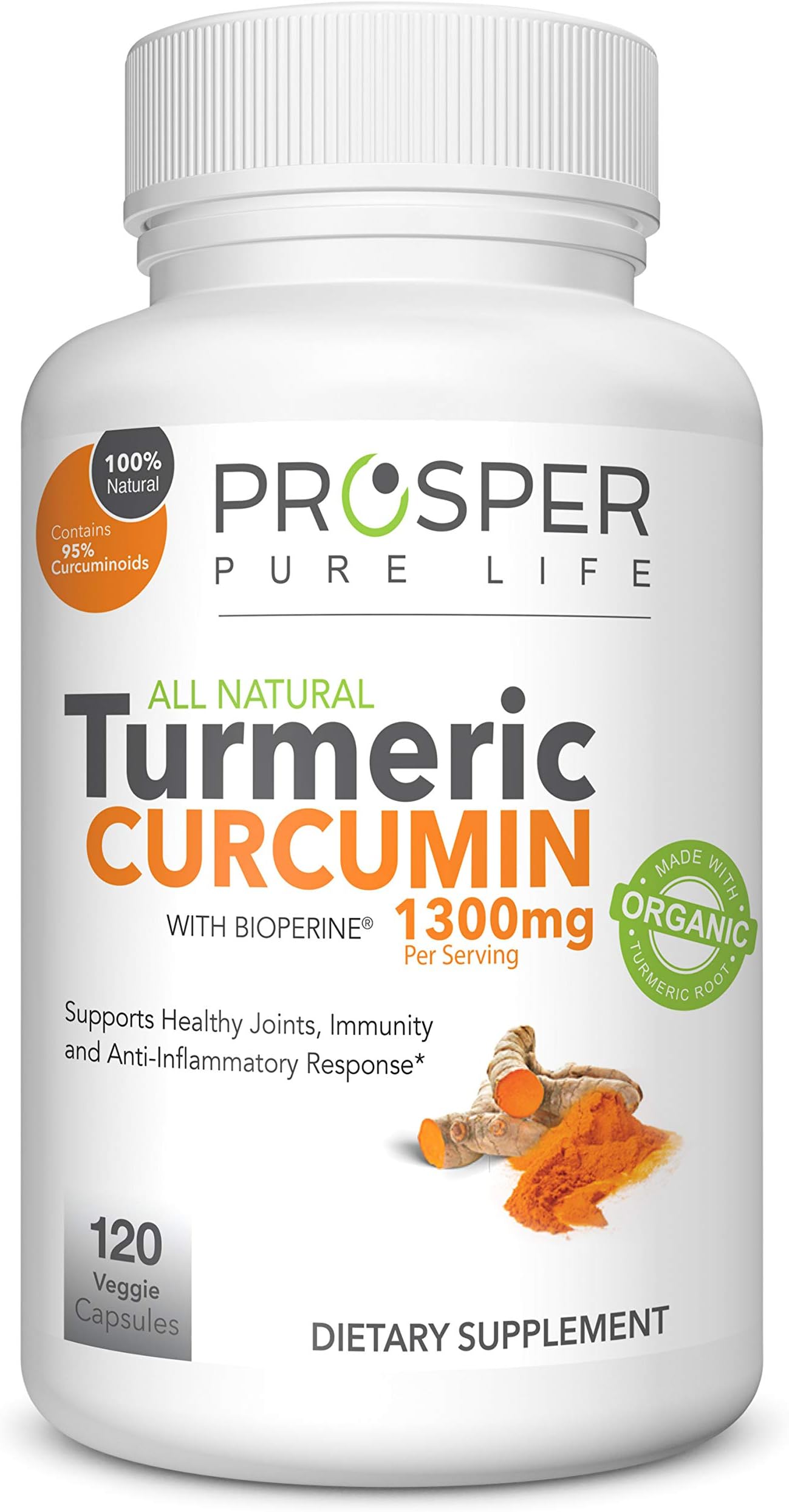 Turmeric Capsules with Black Pepper 1300mg - 120 Caps - Tumeric Curcumin Supplement w/Bioperine - Organic Turmeric Pills - Non-GMO, Vegan by Prosper Pure Life
