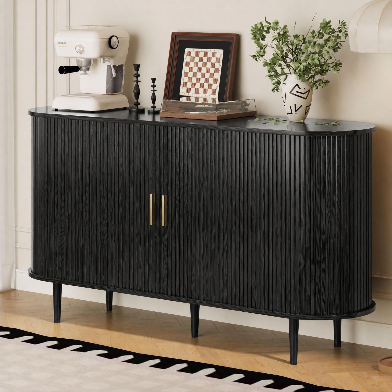 DHH Sideboard Buffet Cabinet with Storage,Mid Century Modern Fluted Accent Coffee Bar Console Table,Tambour Sliding Doors&amp; Adjustable Shelf for Kitchen, Living Room, Entryway(Black, 55 Inch)