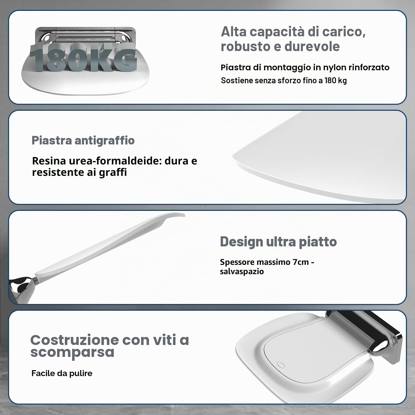 Sedile Doccia Pieghevole con Montaggio a Parete e Ampia Seduta - Sgabello da Bagno Ergonomico Antiscivolo per Anziani e Disabili, Portata Massima 180 kg, Bianco