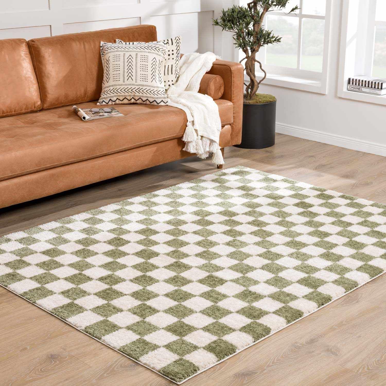 Hauteloom Canika Modern Checkered High Pile Area Rug - Contemporary Geometric Carpet for Living Room, Bedroom - Machine Washable Area Rug - Off-White, Teal not Dark Green - 5ft x 8ft