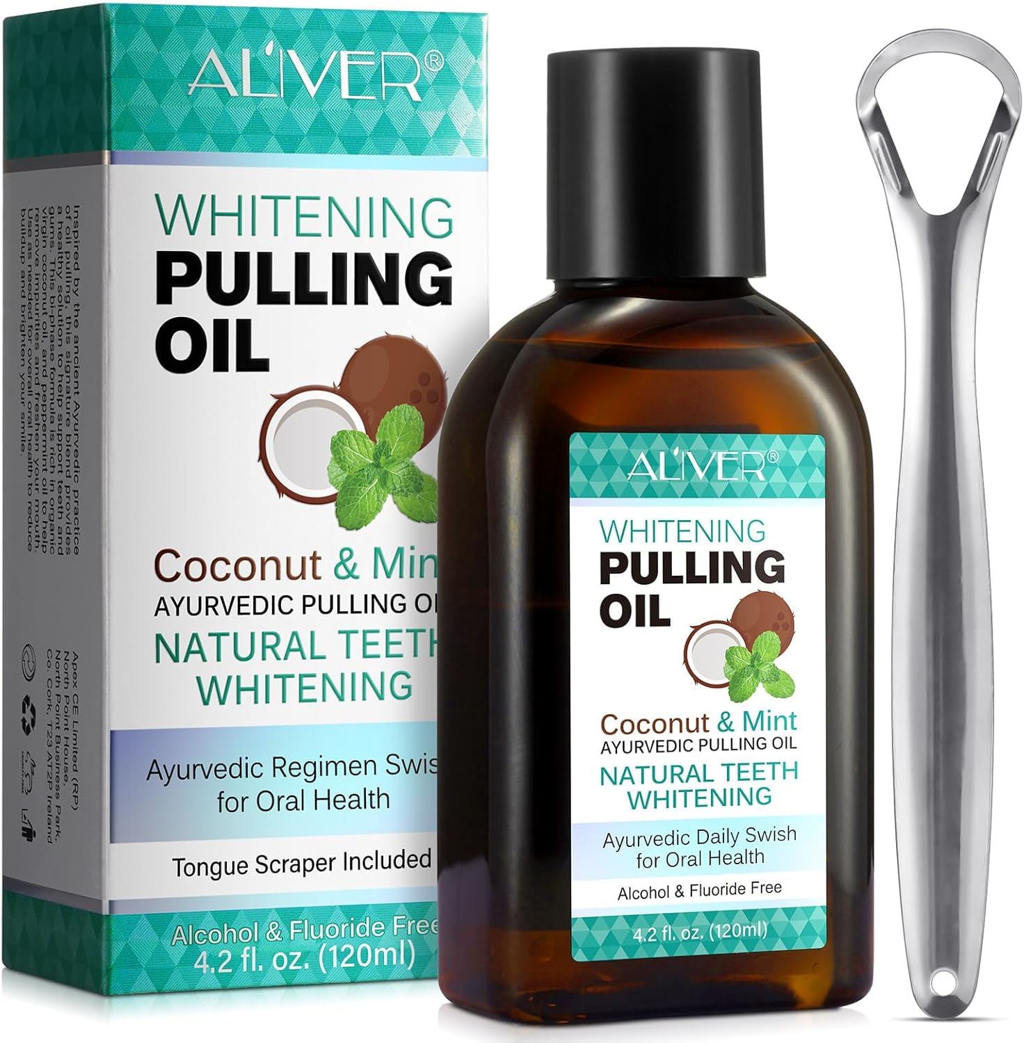 ClickAE Pulling Oil with Coconut & Peppermint -Mouthwash for Oral Care-Teeth Whitening and Fresh Breath, Organic Essential Oils Mouthwash With Tongue Scraper Alcohol-Free, Treatment for Gums (120 ml)