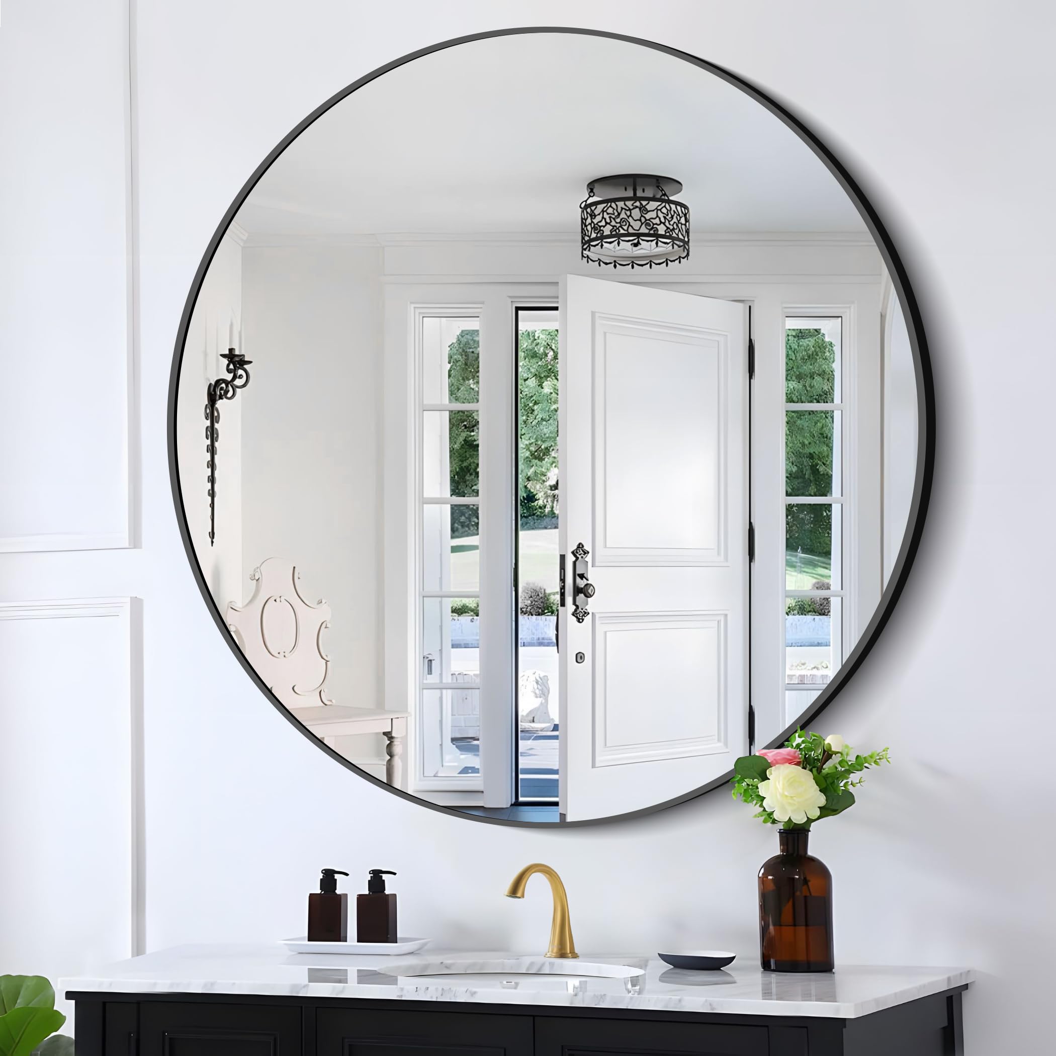 Black 39-Inch Round Mirror - Wall Mounted Aluminum Alloy Metal