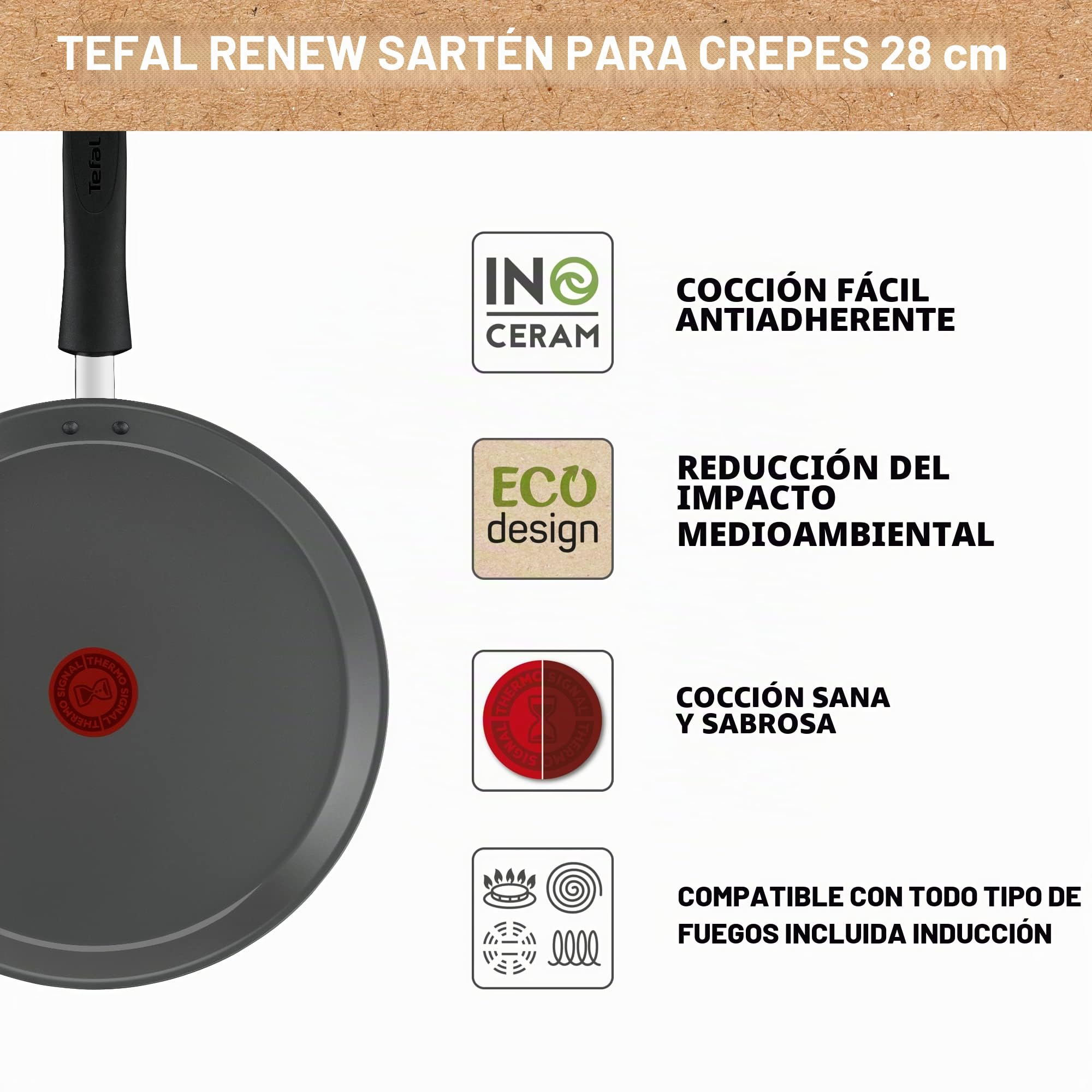 TEFAL - Sartén para crepes (28 cm, inducción, revestimiento cerámico, Eco-diseñado, reciclado, cocción sana, termo-Signal, fabricada en Francia, Renew C4253913, gris