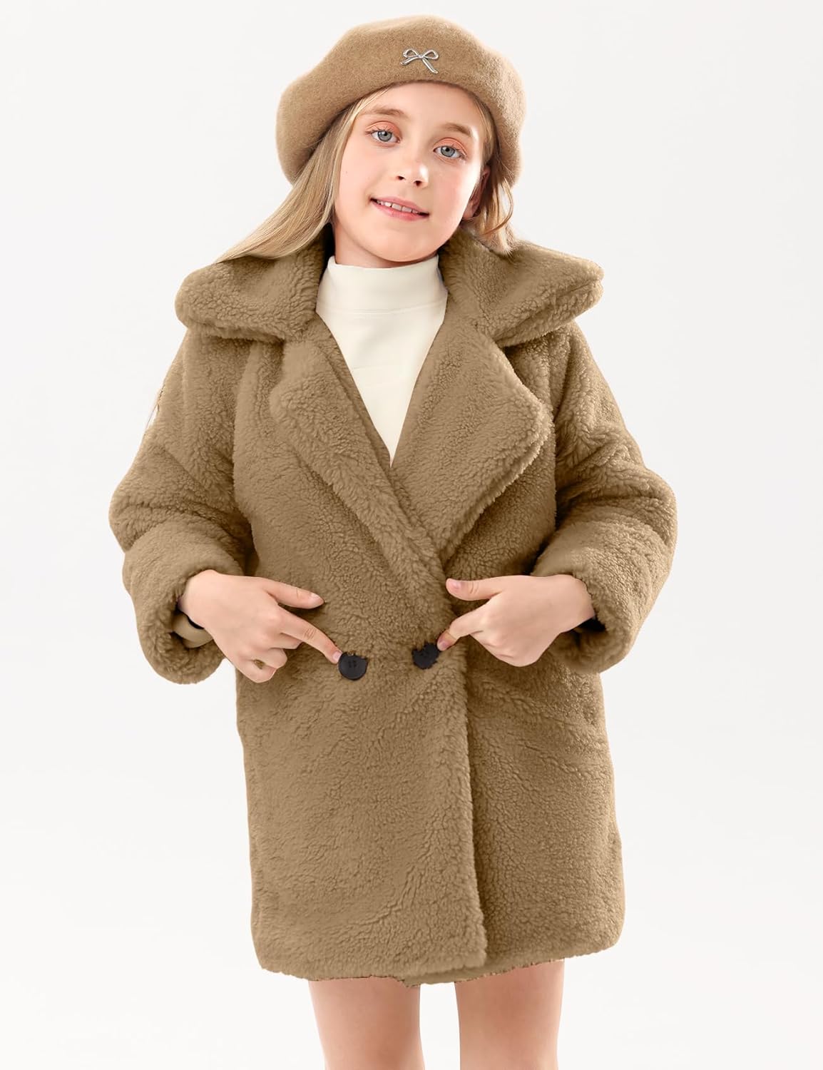 Wyeysyt Girls Faux Fur Fleece Jacket Toddler Kids Long Winter Warm Coat Fuzzy Button Down Coat with Pockets - Image 2