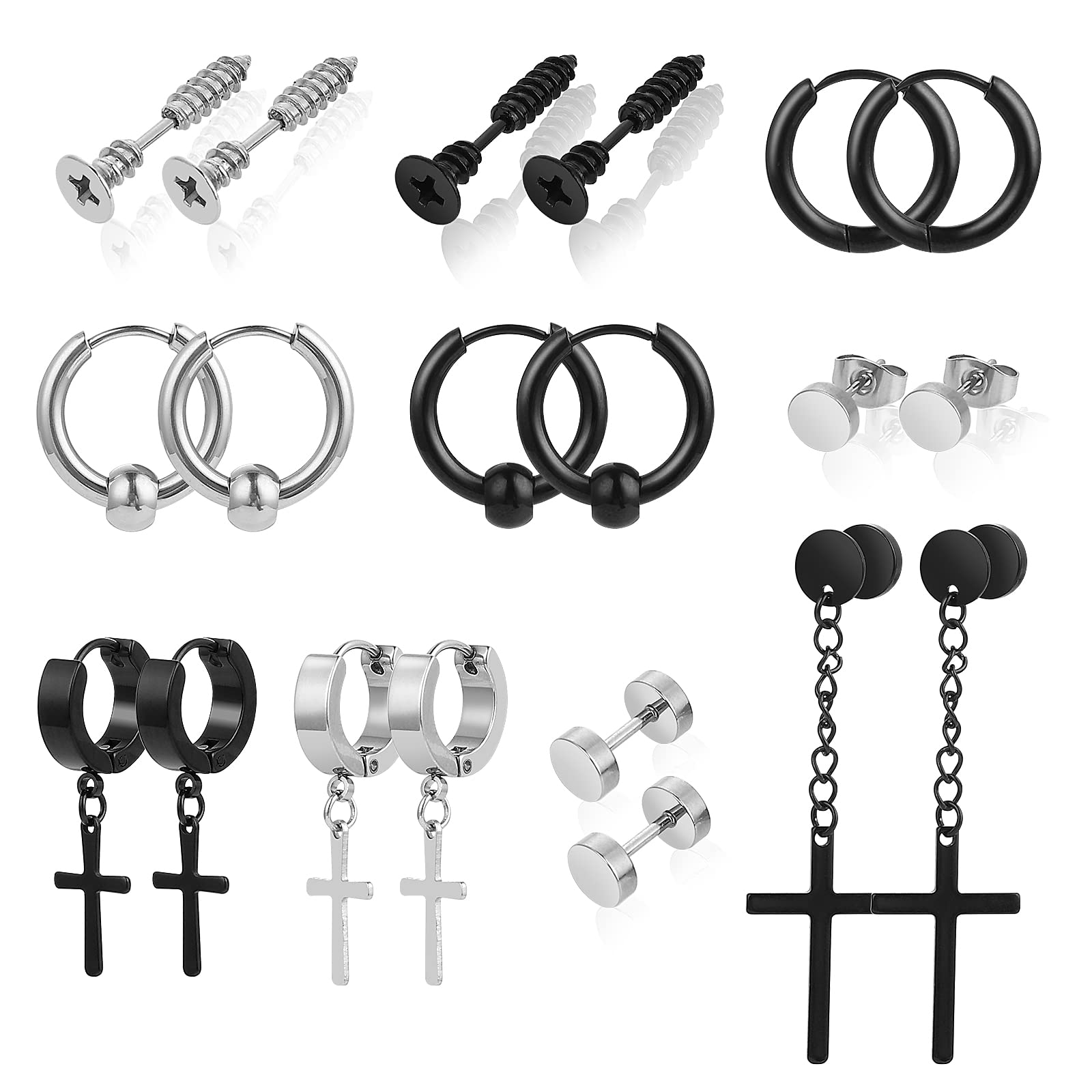 10 Pairs Earrings for Men Stainless Steel Earrings Stud for Men Women Cross Dangle Hoop Earrings Set Piercing Jewelry Gift