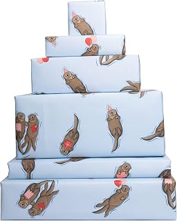 CENTRAL 23 6x Wrapping Paper Sheets - Birthday Otter Gift Wrap For Men Women - Friends Wrapping Paper - Valentines Day Wrapping Paper For Him Her - Christmas Wrapping Paper Blue Comes With Stickers