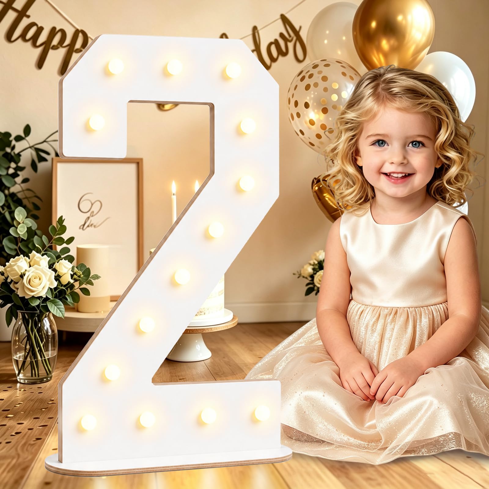 44CM White Wooden Light Up Numbers 2, 2nd Birthday Decor for Boys Girls