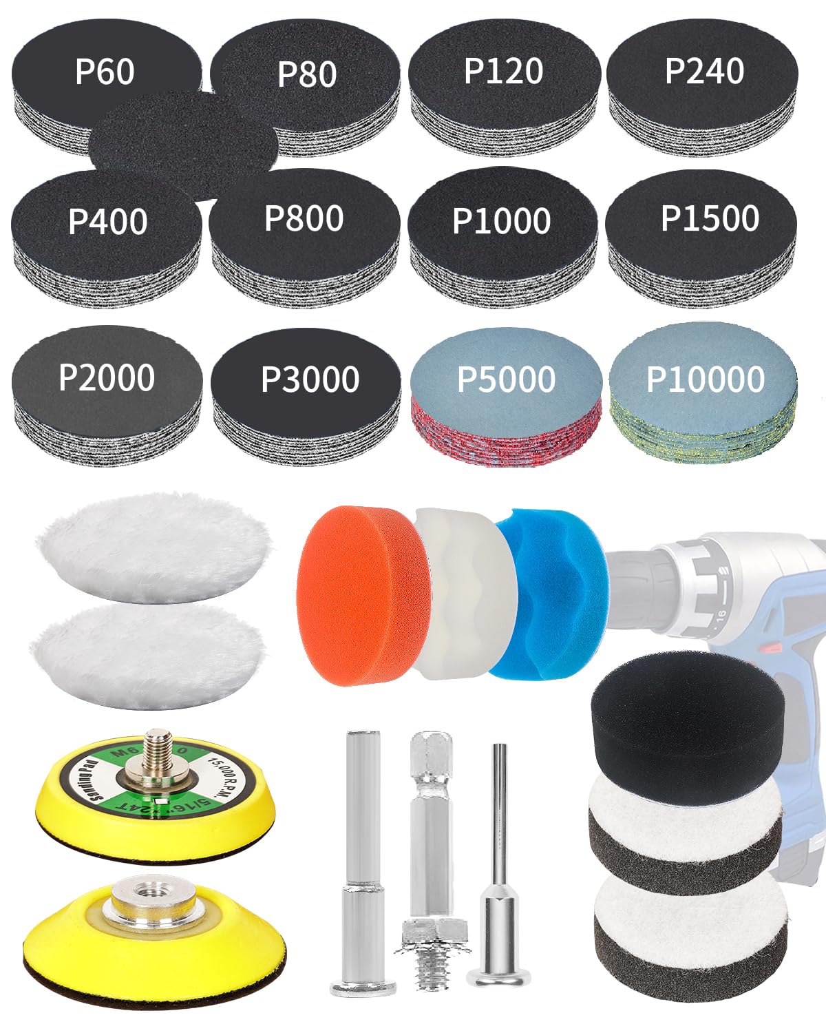 Pomsare 194 Pezzi Dischi Abrasivi 50mm Kit Rinnova Fari Auto, Carta Abrasiva e Spugne per Lucidatura Grana 60-10000, Accessori dremel per Carrozzeria, Legno e Verniciatura di Mobili