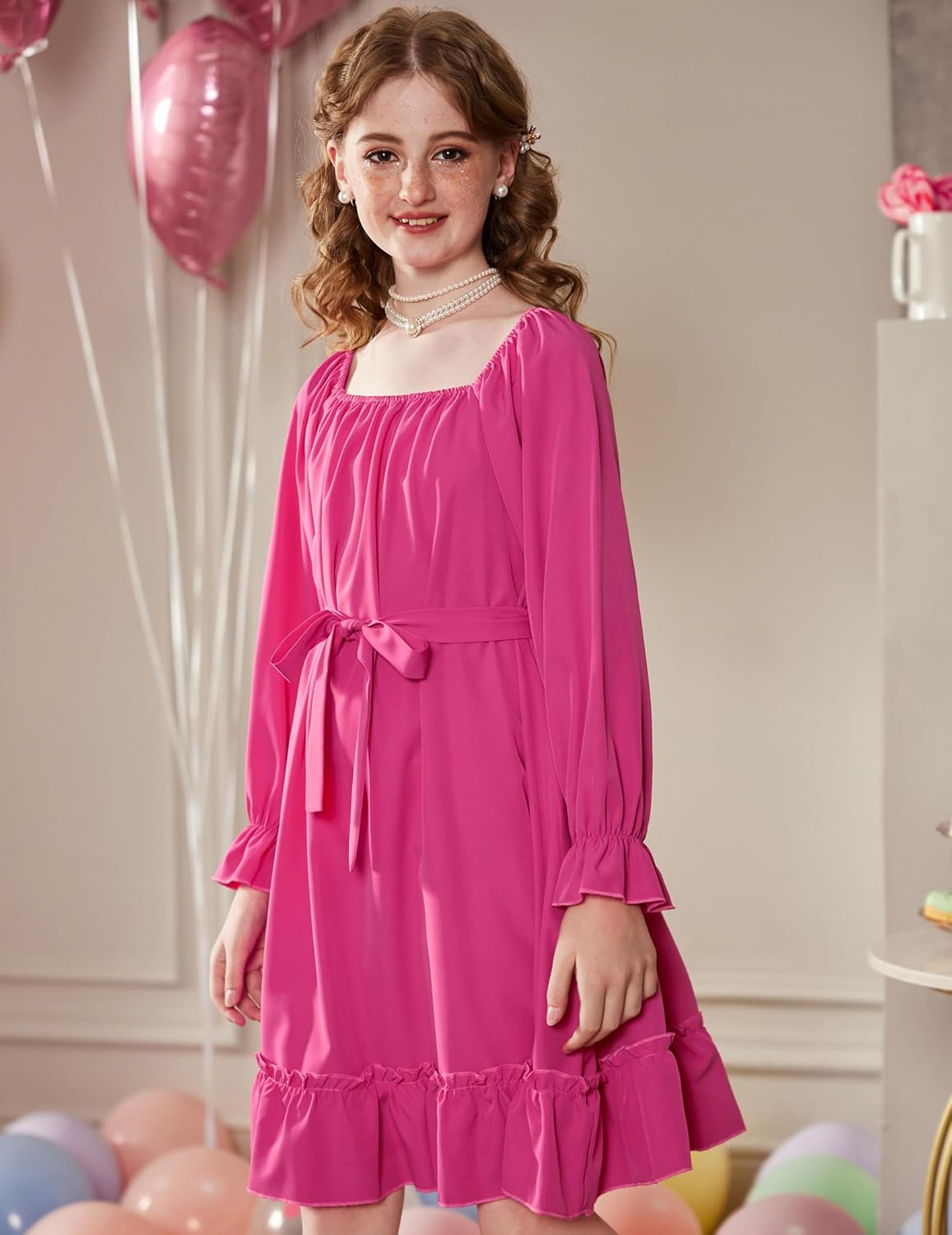 Arshiner Girls Long Sleeve Dresses Fall Party Formal Holiday Swing Flowy Ruffle Midi Dress - Image 3