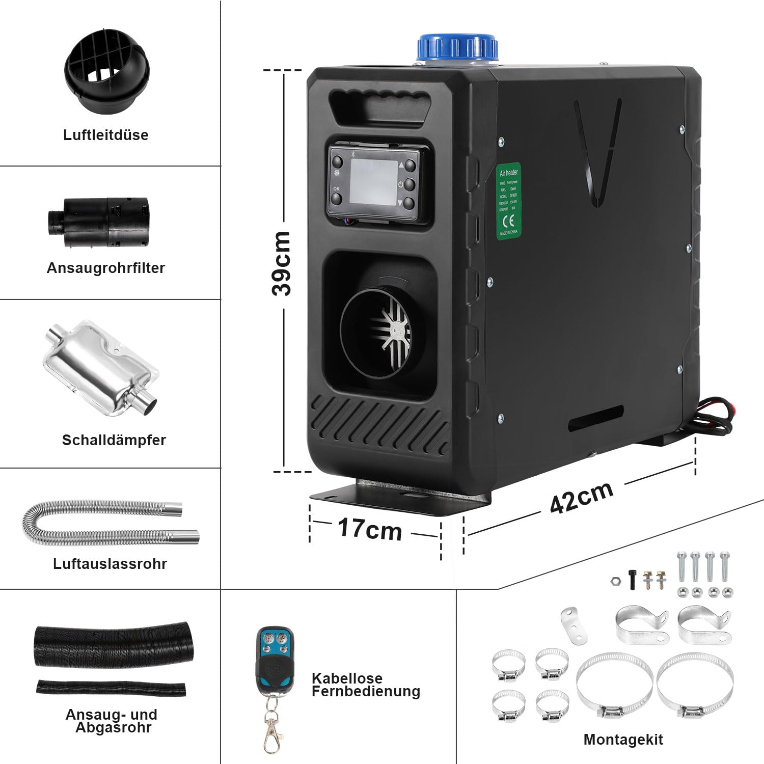 Sonnewelt - Riscaldatore da parcheggio Diesel 8KW 12V, riscaldatore ad aria con controllo APP Bluetooth, interruttore LCD e telecomando per camper, auto, barche, nero