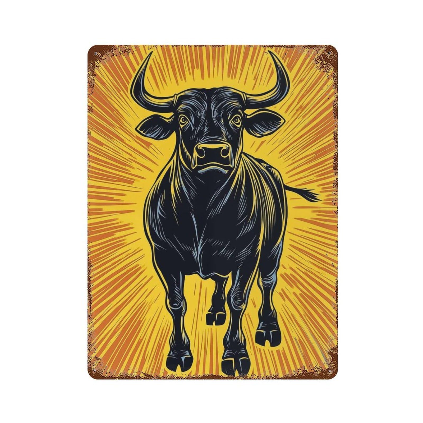 Charging Bull on Yellow Background Decorative Tin Sign 15.7"x11.8", for Farmhouse, Kitchen And Entryway Decor, Vintage Wall Decor