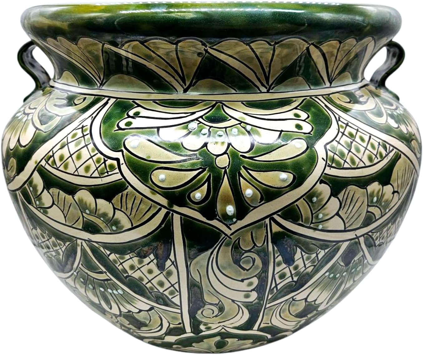 Michoacana Planter Large Hand Painted Pot Indoor Outdoor Multi Colored Glazed (Green & White)