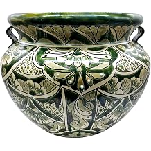 Michoacana Planter Large Hand Painted Pot Indoor Outdoor Multi Colored Glazed Green & White
