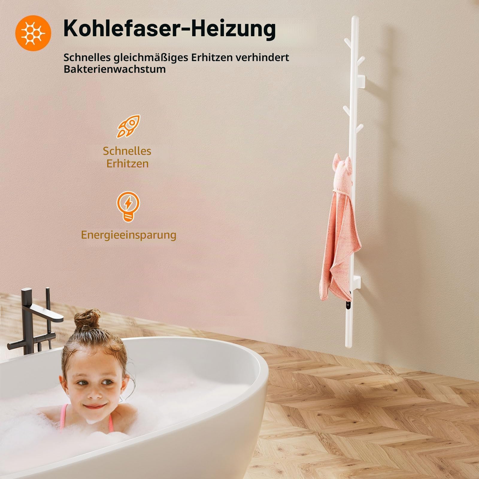 Badheizkörper Elektrisch, Elektrischer Handtuchheizkörper mit einer Stange, Towel Warmer, Intelligenter Konstanttemperatur Handtuchhalter Heizkörper, Einstellbare Temperatur Handtuchheizer-White