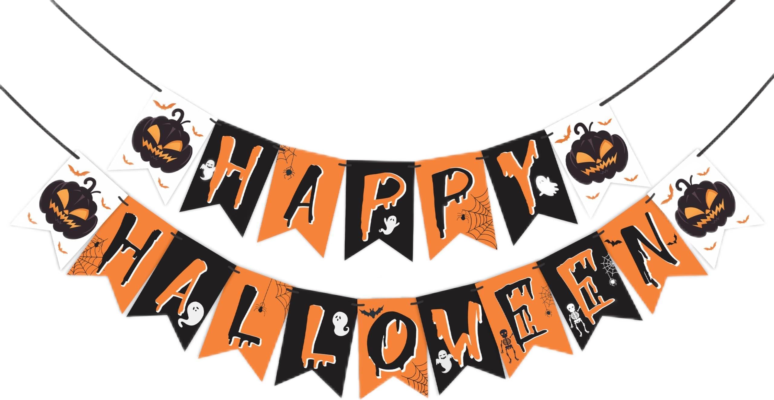 Wobbox Halloween Halloween Bunting Banner Black and Orange Happy Halloween, Party Decoration Set of One, Pre-Strung