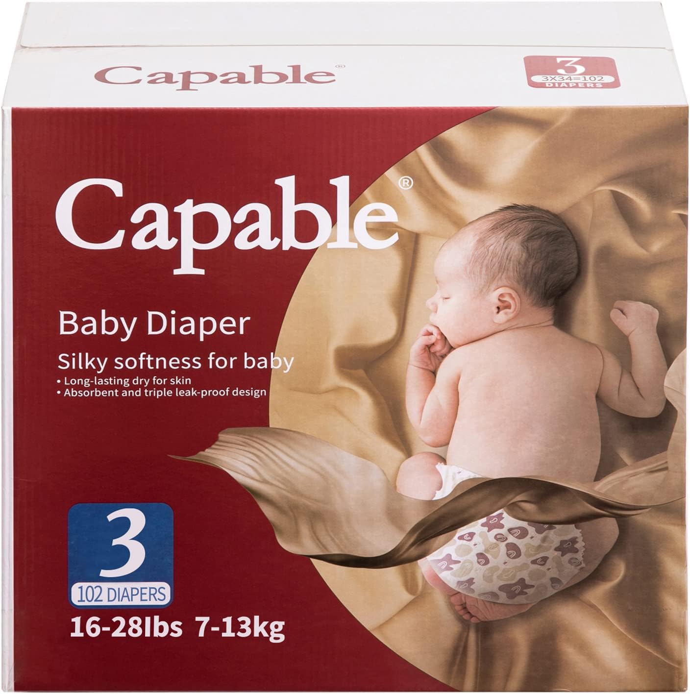 Capable Newborn Diapers Size 3, 102 Count, Triple Leak-Proof Baby Diapers, Hypoallergenic Disposable Diapers with Wetness Indicator, Extra-Absorbent, Light and Snug