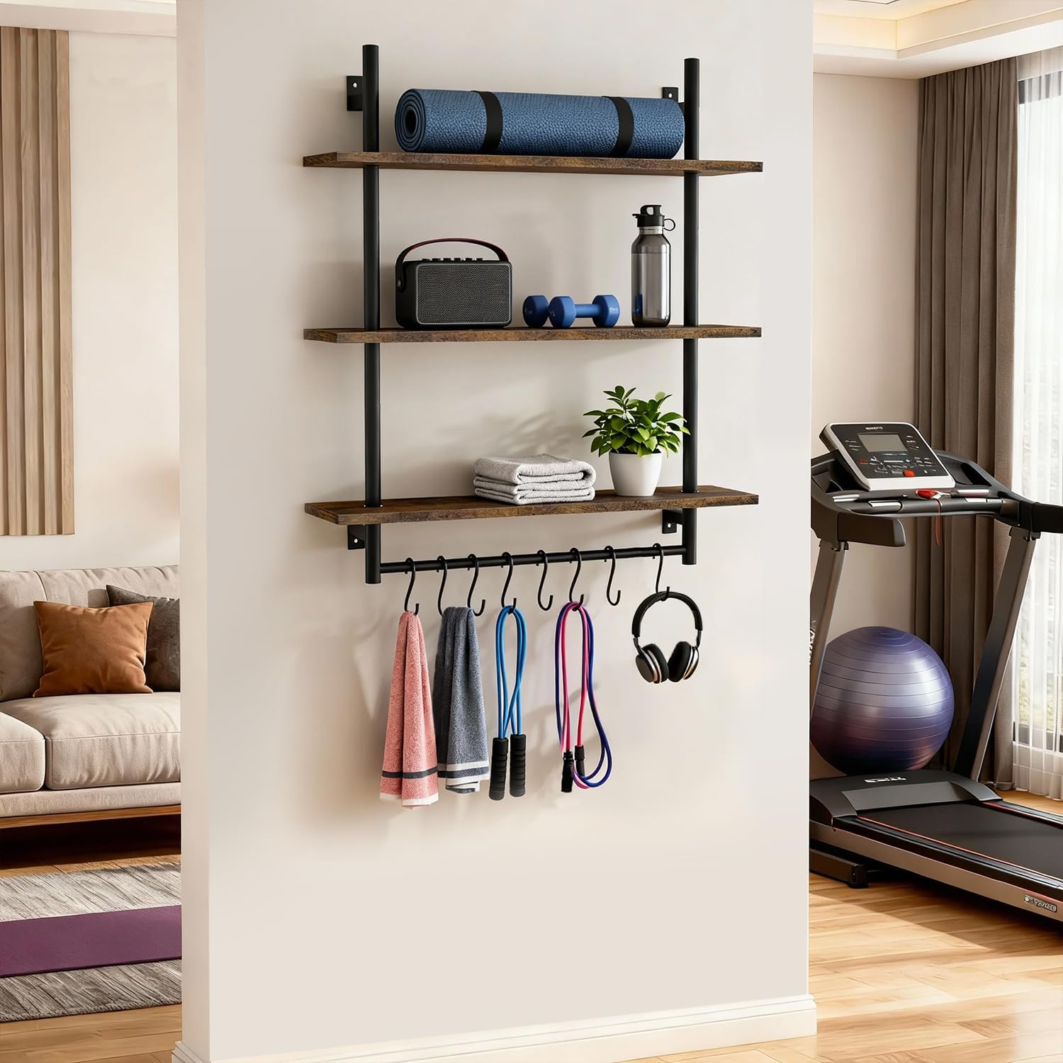 3 Tier Industrial Pipe Shelving, Floating Storage Book Shelves for Wall, Bathroom Floating Shelves with Towel Bar 8 Hooks, Kitchen Shelves Wall Mounted, 31.5 Inch Bar Shelf Wall Mounted