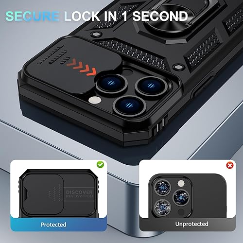 Miniatura 2 de Funda para iPhone 13 Pro con cubierta deslizante para lente HD, protección contra caídas de grado militar, soporte de anillo giratorio magnético,