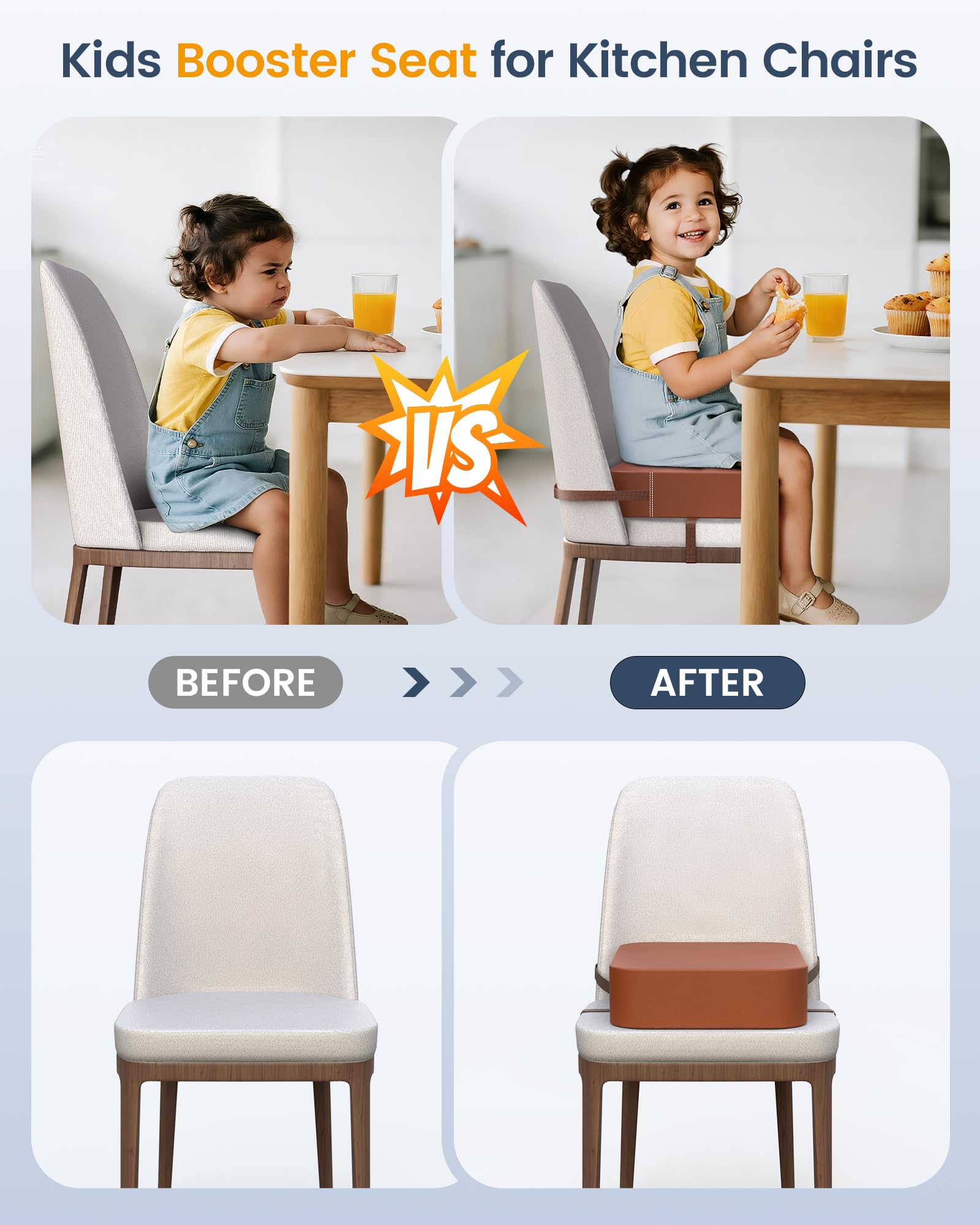 Asiento elevador de silla de cocina, cinturones de seguridad ajustables, asiento elevador de silla de cocina, cojín elevador de apoyo fuerte, poliuretano fácil de limpiar, extraíble y portátil