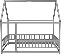 Vista 4 de Cama de casa de tamaño matrimonial para niños, marco de cama de piso de madera con marco de techo de casa, cama de plataforma con barandillas