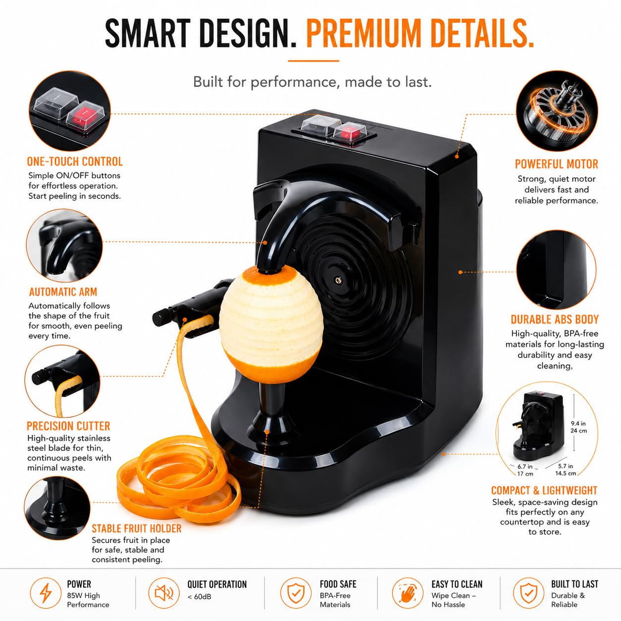 Pelador Eléctrico de Frutas y Verduras, Máquina Automática para Pelar Naranjas, Cítricos, Manzanas y Patatas, Cuchilla de Acero Inoxidable, Negro (Negro)