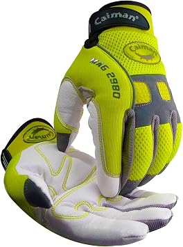 Caiman MAG, Hi-Vis Goat Grain Leather Multi-Activity Gloves, AirMesh Back, Padded Palms, Hi-Vis Yellow/White, Large 2980-5