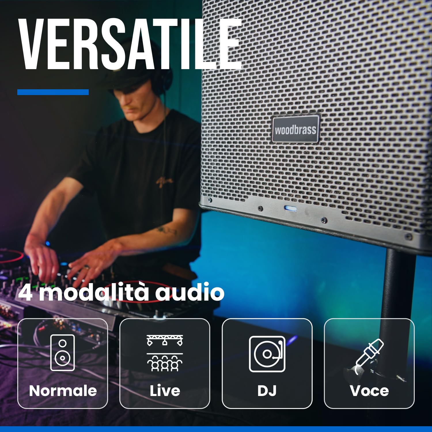WOODBRASS DXPRO 15 altoparlante attivo amplificato audio potente Bluetooth 15" - Class-D 125db - robusto, trasportabile, 3 ingressi, senza fili, DSP - DJ, conferenza, concerto