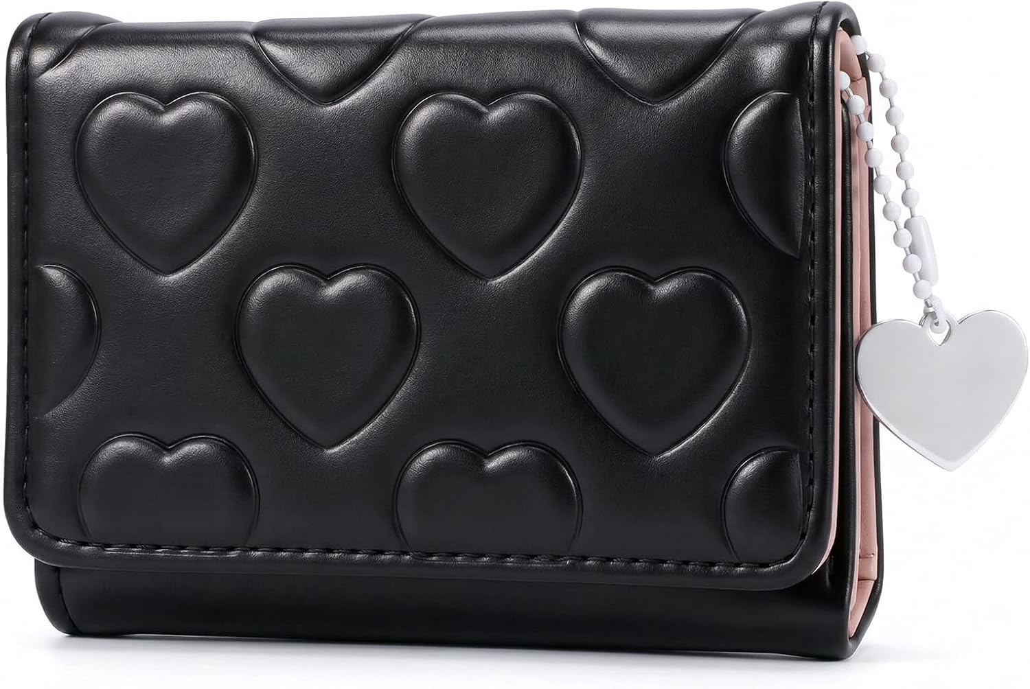 Cute Heart Shaped Wallet for Women, PU Leather Slim Credit Card Holder with Heart-shaped Pendant, Fashion Trifold Cash Pocket ID Window for Shopping, Dating, Travel