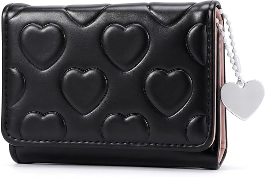 Cute Heart Shaped Wallet for Women, PU Leather Slim Credit Card Holder with Heart-shaped Pendant, Fashion Trifold Cash Pocket ID Window for Shopping, Dating, Travel