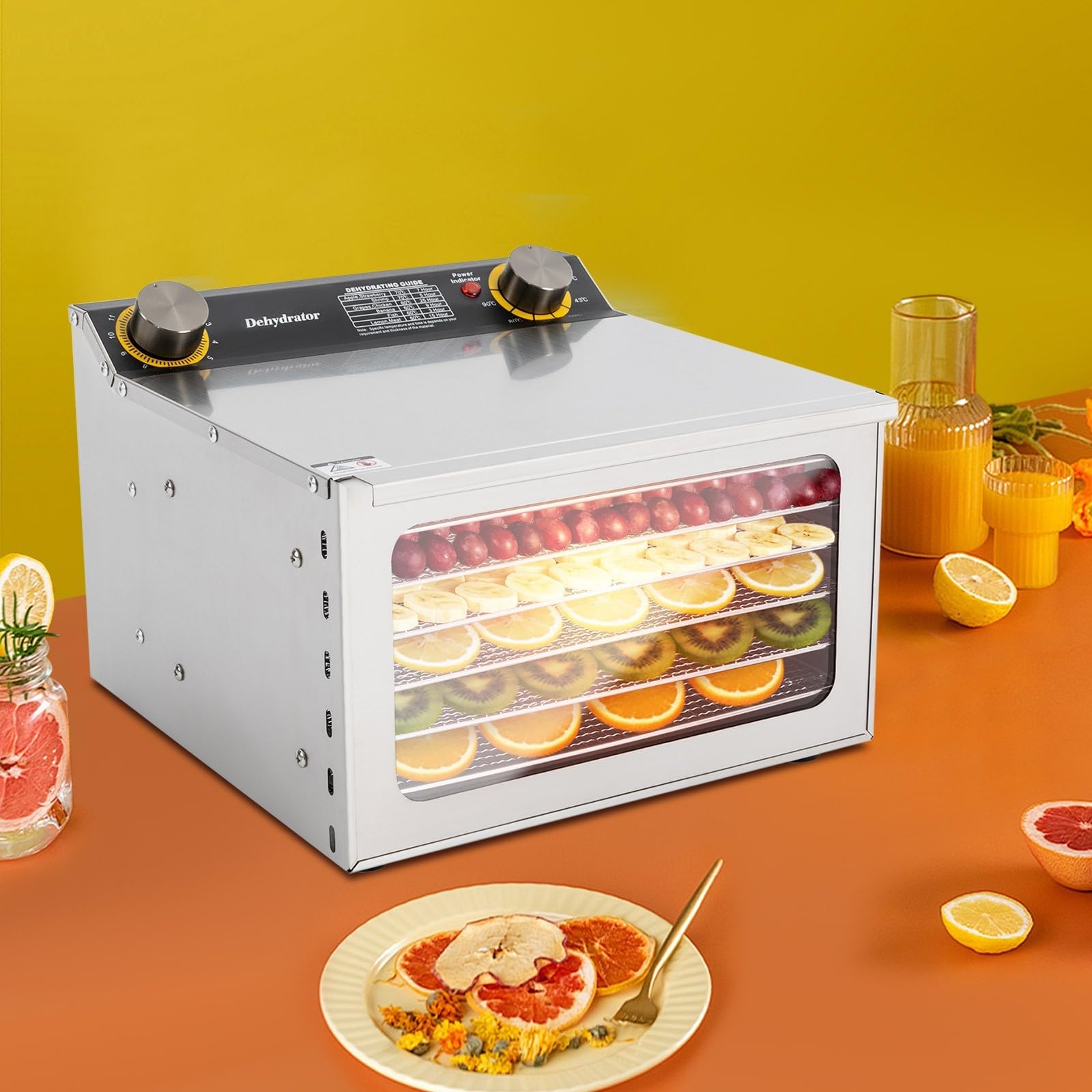 Suszarka ze stali nierdzewnej, z 6 wkładkami kratkowymi, do suszenia żywności, 400 W, regulacja temperatury do owoców, warzyw, mięsa, zastosowań kuchennych