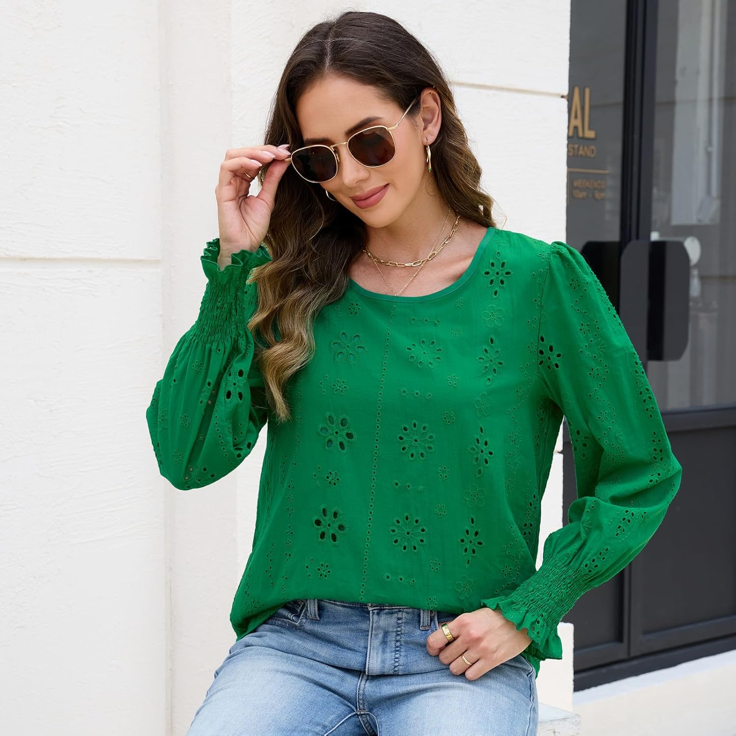 Women's Blouses Long Sleeve Embroidered Eyelet Tops with Lining Dressy Sheer O Neck Cotton Shirts Elegant Blouses 2025 - Image 4