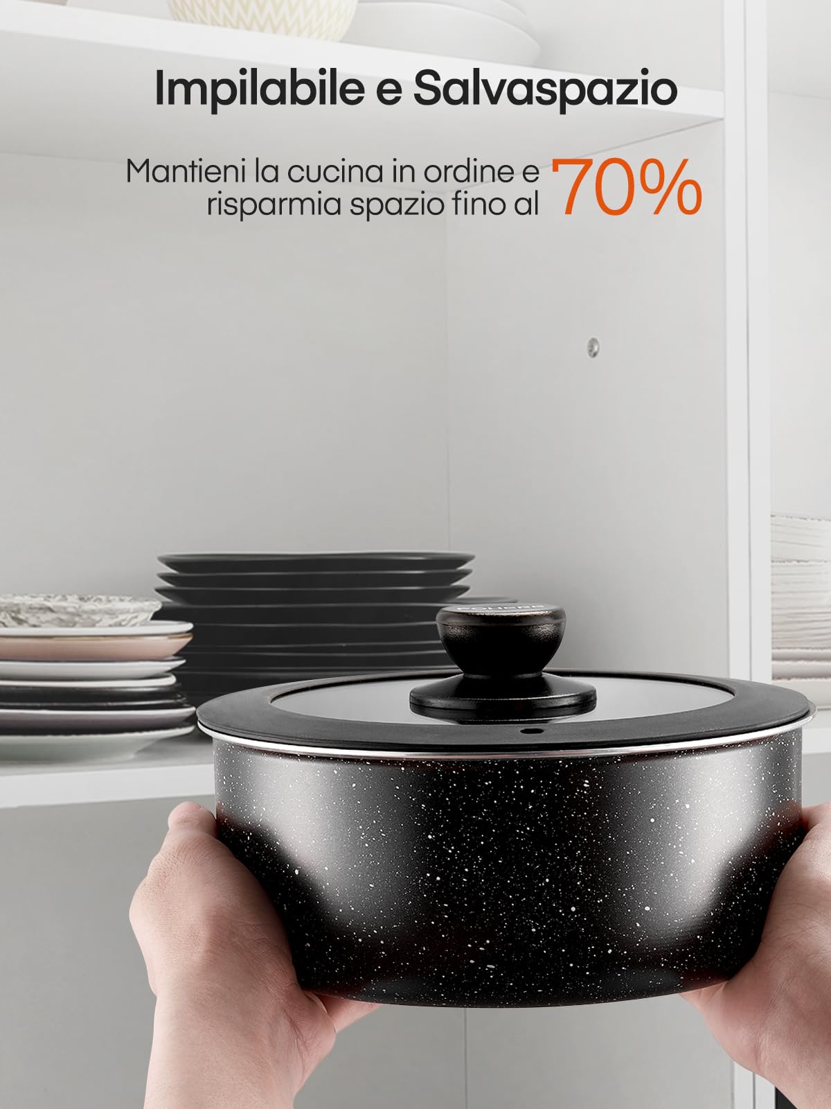 FOHERE Set di Pentole e Padelle da 8 Pezzi con 2 Manici Amovibili e 2 Coperchi, Padella 20/28cm, Casseruola 16/20cm, Antiaderenti di Pentole, Alluminio, Adatto Induzione,Lavastoviglie, Gas e Forno
