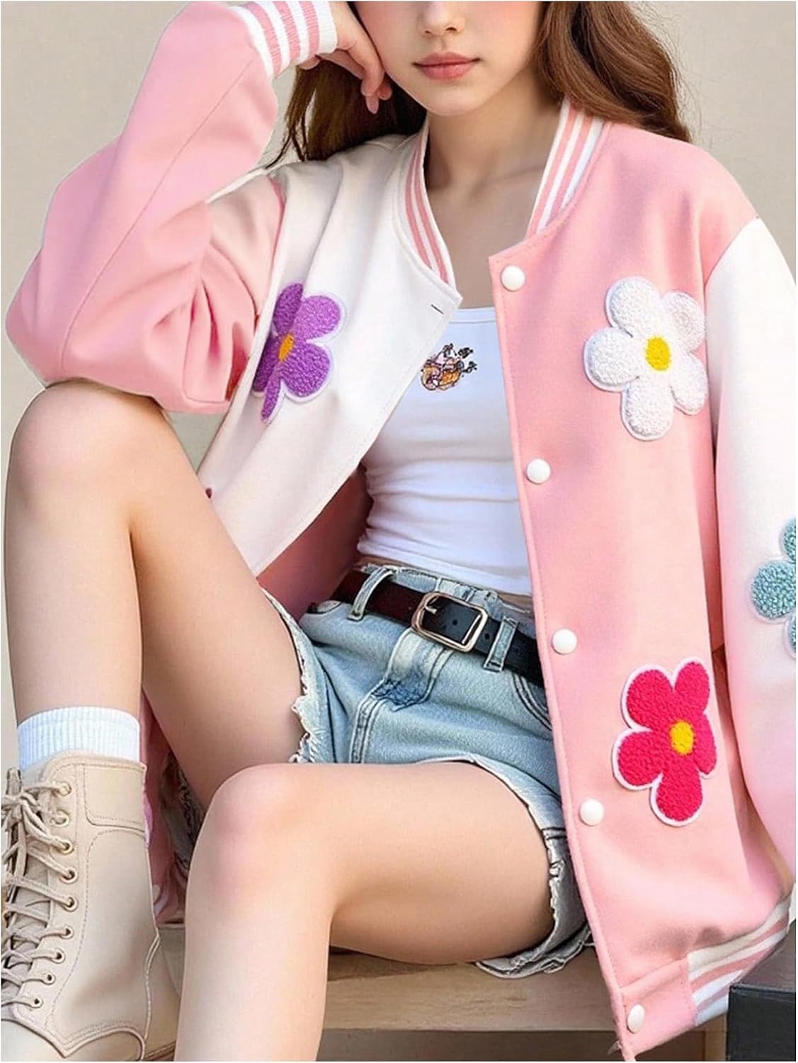 BEAUDRM Girl's 3D Floral Bomber Jackets Long Sleeve Button Down Baseball Jacket Coat