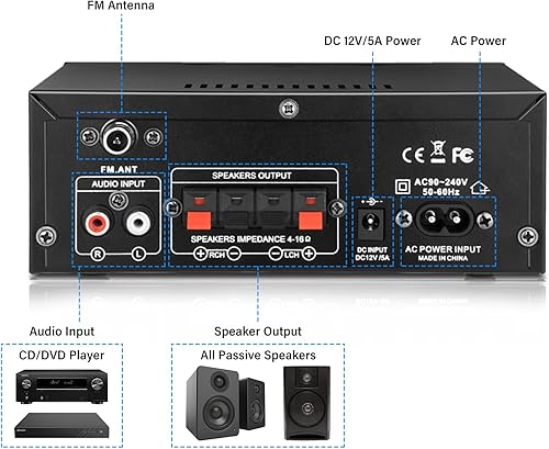 Miniatura 6 de AK45 Amplificador de audio estéreo, 300 W, sistema de amplificador de potencia inalámbrico Bluetooth 5.0 de 2 canales, amplificador de potencia para