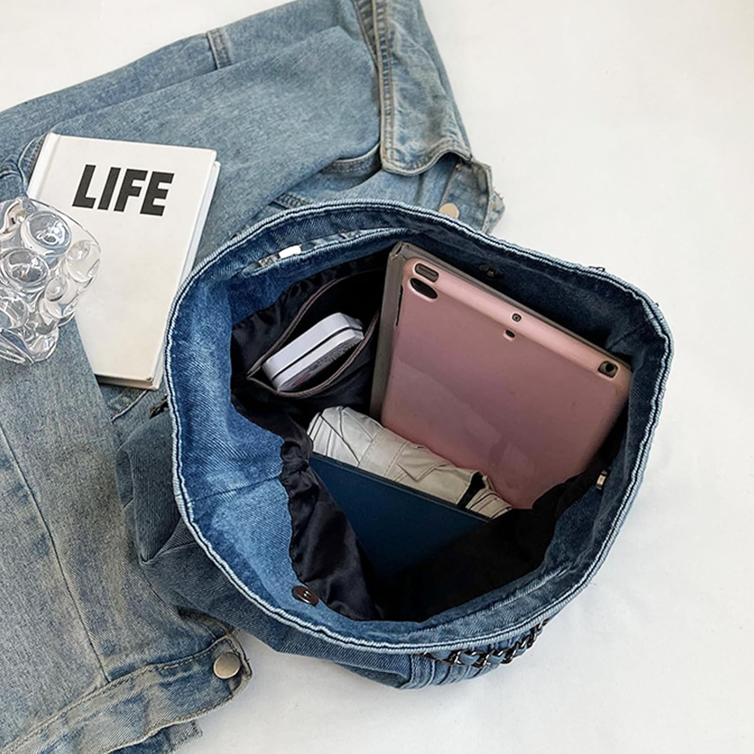 Denim Purse for Women Trendy Jean Purses Large Denim Tote Bag Fashion Crossbody Bags with chain - Image 5