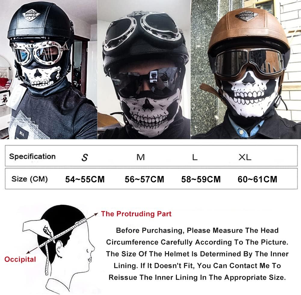 Skórzany kask motocyklowy w stylu retro, z certyfikatem ECE, kask skórzany typu jet z goglami ochronnymi, dla dorosłych, na skuter, cruiser, motorower, unisex