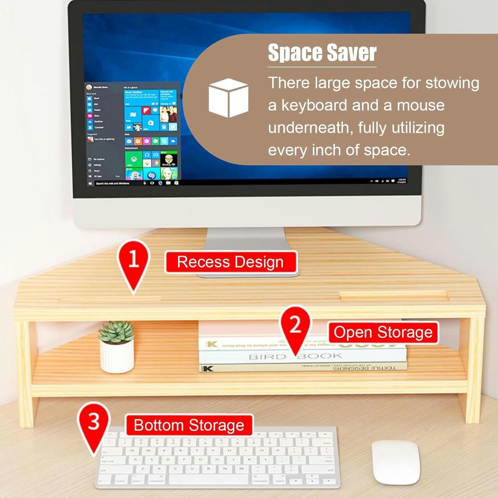 Supporto per Monitor angolare in Legno massello, Supporto ergonomico per Schermo Triangolare con Doppio Spazio di archiviazione, Robusto Supporto Organizer da scrivania p