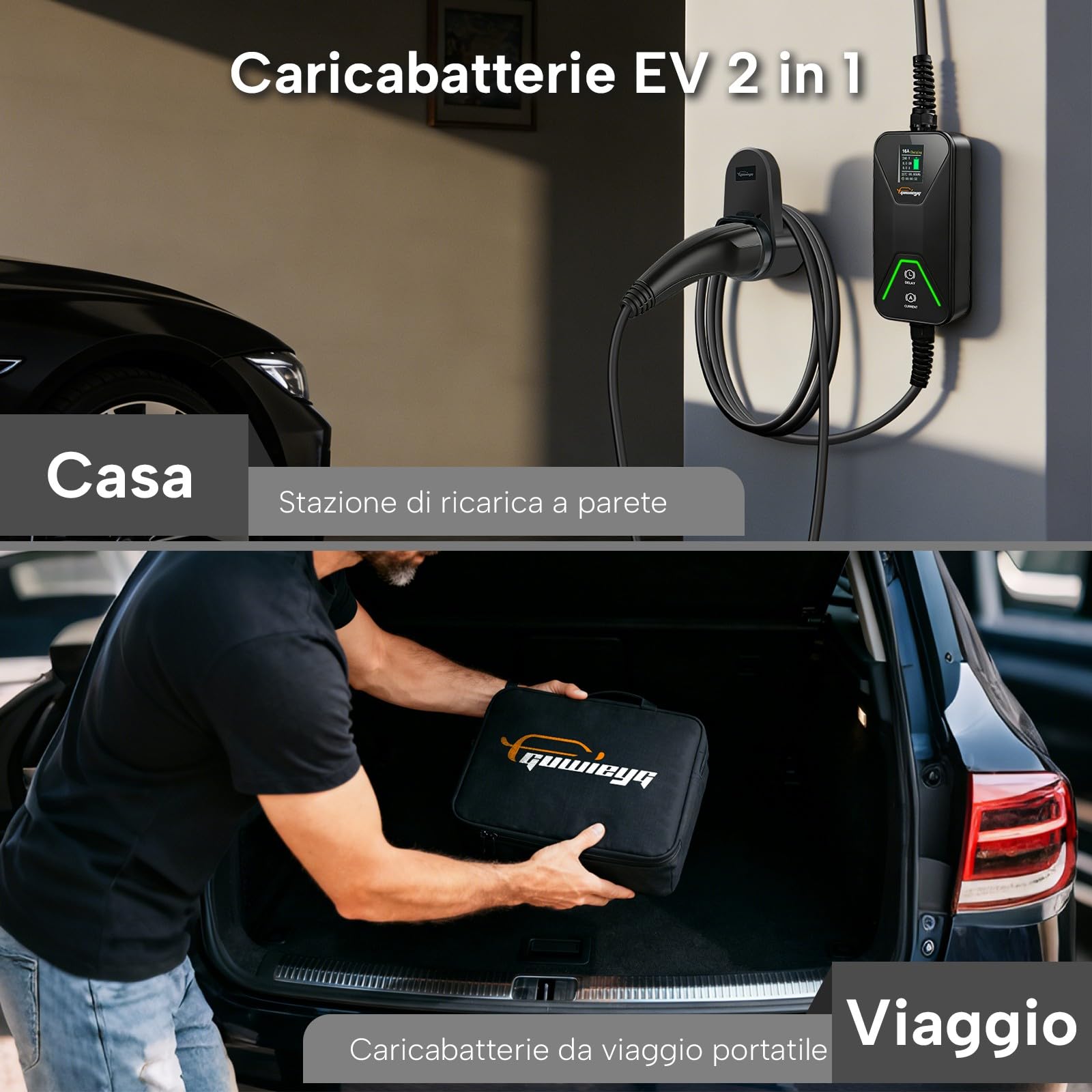 Cavo Ricarica Auto Elettrica Tipo 2 Schuko 3,5 kW, 8-16A, 10m